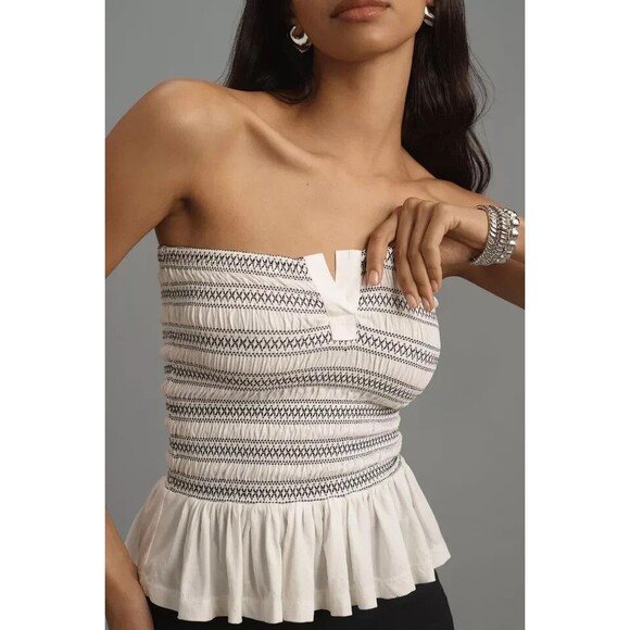 Anthropologie Maeve Smocked Split Tube Blouse Top Strapless Ruffle S NEW 277042 - Picture 3 of 8